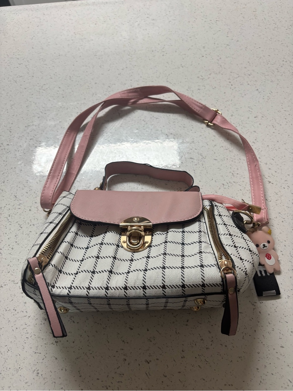Kawaii Pink Plaid Turn Lock Crossbody Satchel Bag W/ Korilakkuma Bear Charm